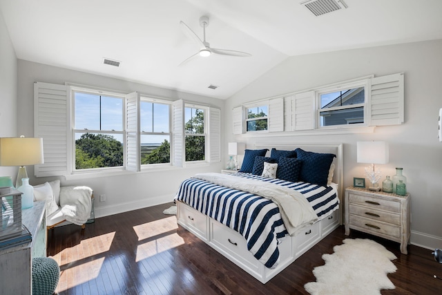 2087 Sterling Marsh Ln, Seabrook Island, SC 29455 - bedroom with baseboards, vaulted ceiling, dark wood-style floors, and ceiling fan