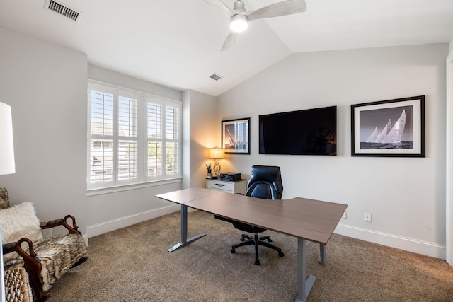 2087 Sterling Marsh Ln, Seabrook Island, SC 29455 - carpeted home office featuring ceiling fan, lofted ceiling, and baseboards