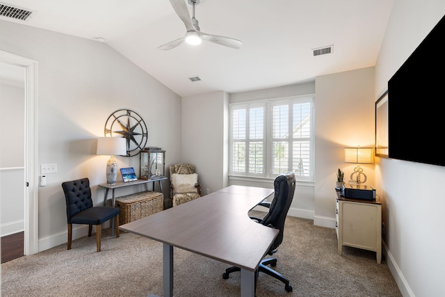 2087 Sterling Marsh Ln, Seabrook Island, SC 29455 - office featuring ceiling fan, lofted ceiling, carpet floors, and baseboards