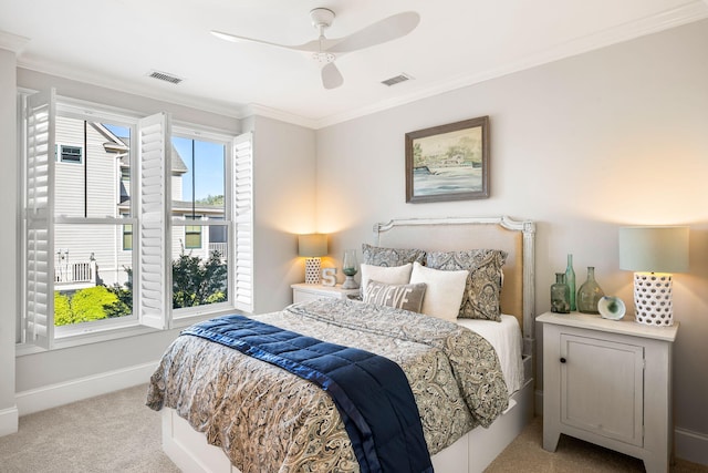 2087 Sterling Marsh Ln, Seabrook Island, SC 29455 - bedroom with carpet floors, ornamental molding, a ceiling fan, and baseboards