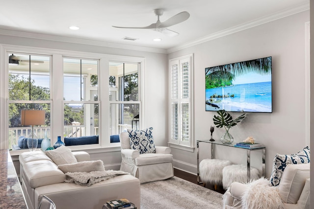 2087 Sterling Marsh Ln, Seabrook Island, SC 29455 - living area featuring a ceiling fan, healthy amount of natural light, wood finished floors, ornamental molding, and recessed lighting