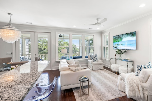 2087 Sterling Marsh Ln, Seabrook Island, SC 29455 - living room featuring ornamental molding, dark wood-style flooring, a ceiling fan, recessed lighting, and baseboards