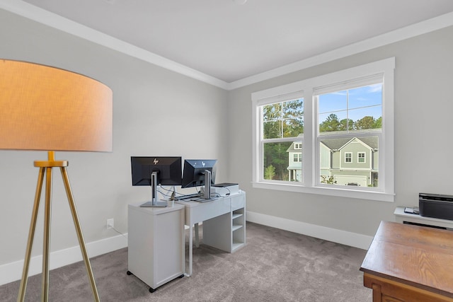 office area with light carpet and crown molding