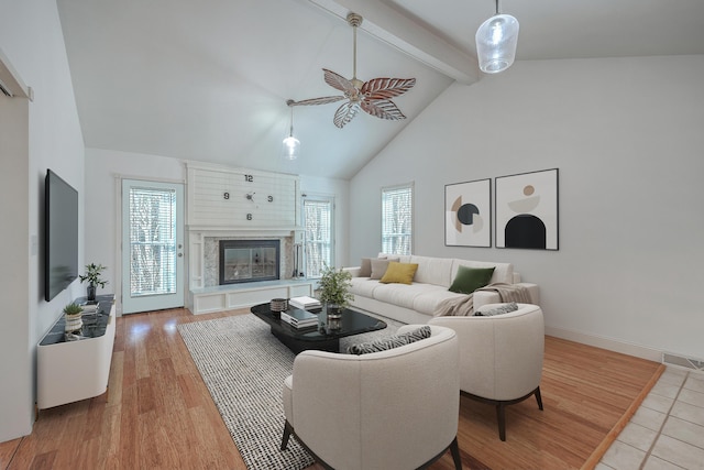 living room featuring hardwood / wood-style flooring, a wealth of natural light, high vaulted ceiling, and beamed ceiling