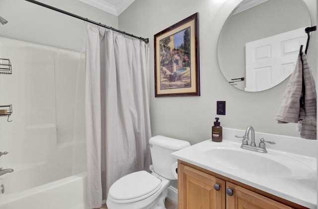 full bathroom with vanity, ornamental molding, toilet, and shower / bath combo with shower curtain