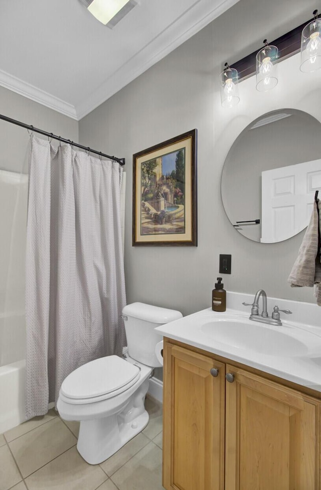 full bathroom with crown molding, vanity, toilet, shower / bath combo, and tile patterned floors