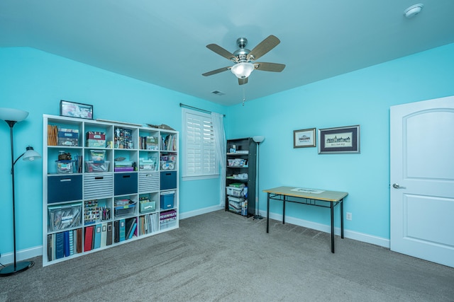 misc room featuring ceiling fan, carpet, and vaulted ceiling