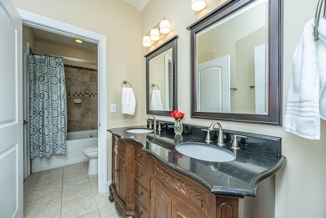 full bathroom featuring tile patterned flooring, vanity, shower / bath combination with curtain, and toilet