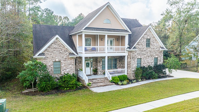 view of front of house with a front yard, a balcony, and covered porch