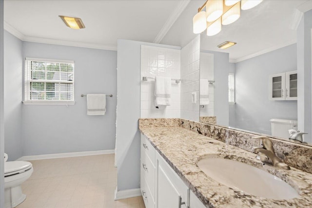 full bathroom with toilet, baseboards, ornamental molding, vanity, and tile patterned flooring