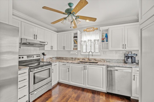kitchen featuring appliances with stainless steel finishes, under cabinet range hood, a sink, open shelves, and white cabinetry