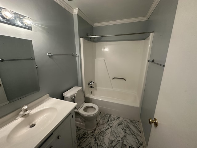 full bathroom with vanity, toilet, shower / washtub combination, and crown molding