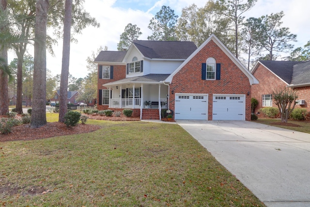 front facade featuring a porch, a garage, and a front lawn