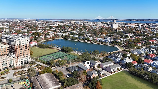 bird's eye view with a water view