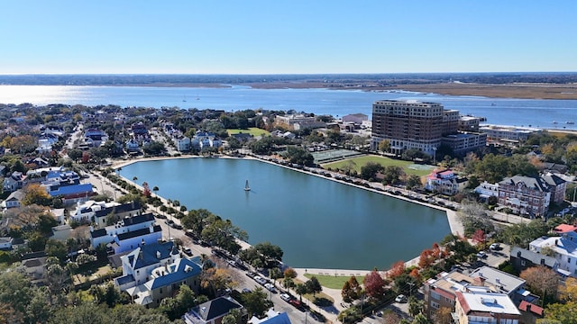 drone / aerial view featuring a water view