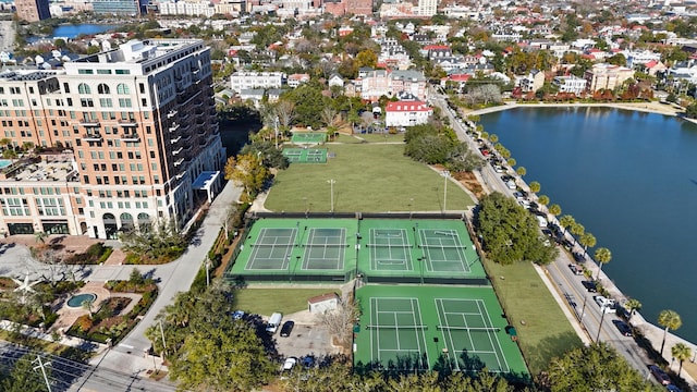 drone / aerial view with a water view