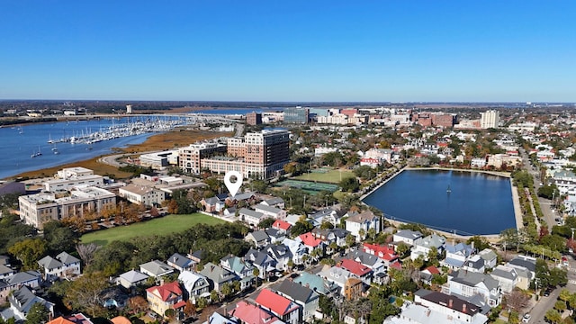 drone / aerial view with a water view