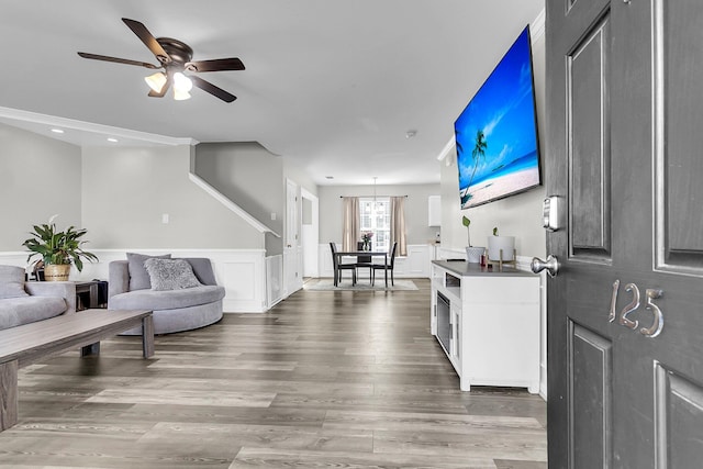 125 Towering Pine Dr, Ladson, SC 29456 - living area with a ceiling fan, wood finished floors, a wainscoted wall, and recessed lighting