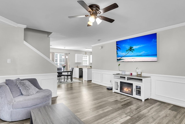 125 Towering Pine Dr, Ladson, SC 29456 - living room featuring a ceiling fan, ornamental molding, wood finished floors, wainscoting, and a decorative wall