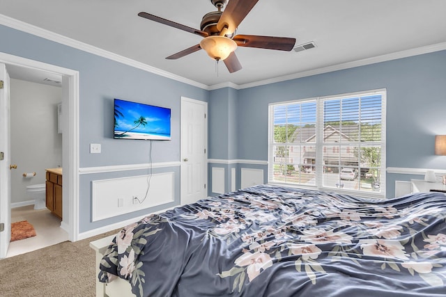 125 Towering Pine Dr, Ladson, SC 29456 - carpeted bedroom featuring crown molding, connected bathroom, and ceiling fan