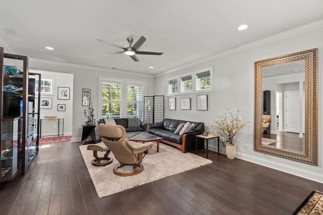 living room featuring baseboards, dark wood finished floors, and crown molding