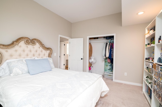 bedroom featuring light carpet, a closet, recessed lighting, and baseboards