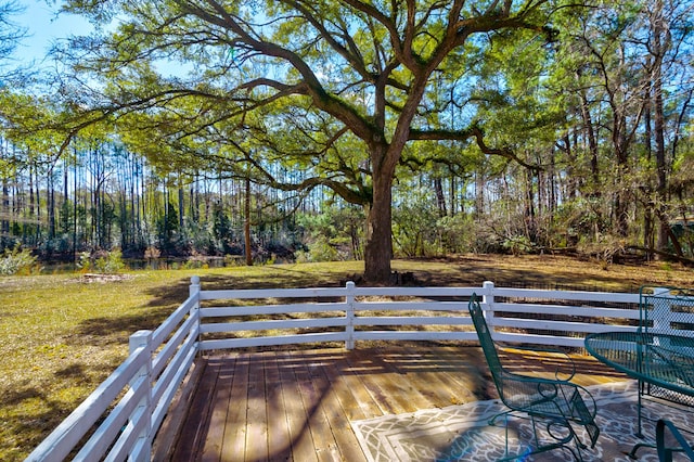 view of community with a wooded view and a wooden deck