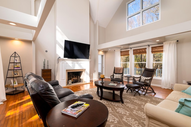 living area featuring a high end fireplace, plenty of natural light, and wood finished floors