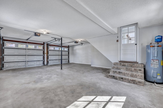 garage featuring a garage door opener and water heater