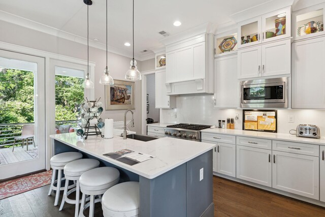 kitchen with appliances with stainless steel finishes, plenty of natural light, dark hardwood / wood-style flooring, and a kitchen island with sink