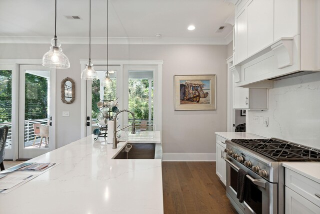 kitchen with plenty of natural light, dark hardwood / wood-style flooring, double oven range, and hanging light fixtures