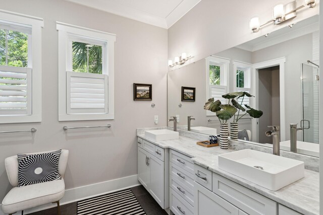 bathroom featuring walk in shower, plenty of natural light, ornamental molding, and vanity