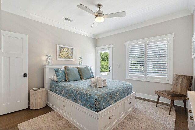 bedroom featuring ceiling fan, access to exterior, wood-type flooring, and ornamental molding