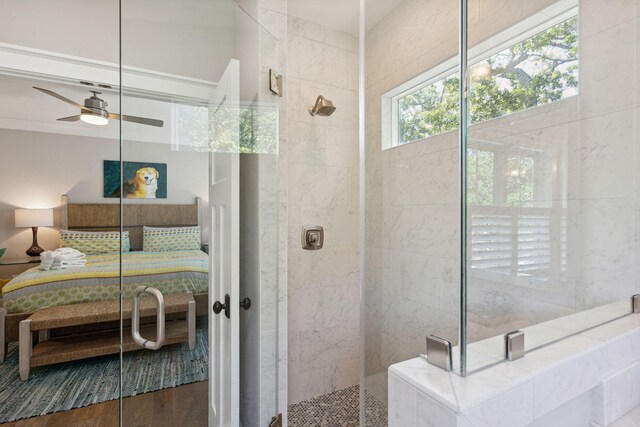 bathroom with a shower with shower door, ceiling fan, and wood-type flooring