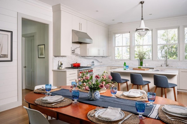 222 Haddrell St, Mount Pleasant, SC 29464 - kitchen with under cabinet range hood, high end range, backsplash, a sink, and ornamental molding
