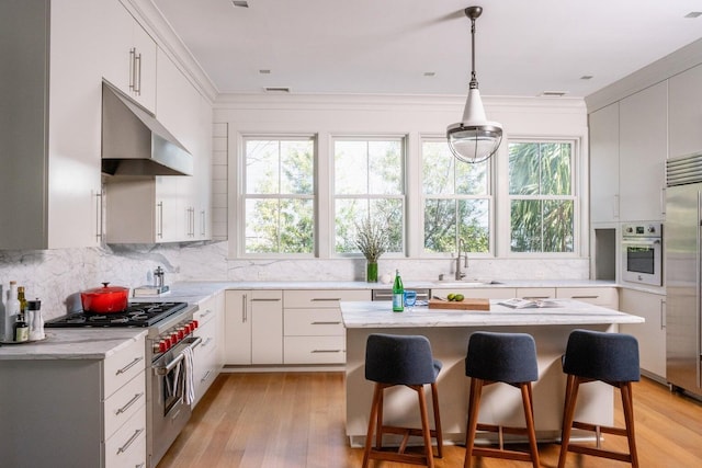 222 Haddrell St, Mount Pleasant, SC 29464 - kitchen with high quality appliances, under cabinet range hood, a sink, a breakfast bar, and backsplash