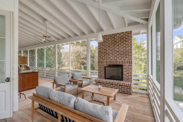 222 Haddrell St, Mount Pleasant, SC 29464 - sunroom / solarium with an outdoor living space with a fireplace, healthy amount of natural light, and a ceiling fan