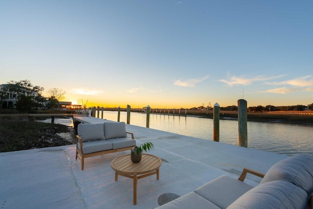 222 Haddrell St, Mount Pleasant, SC 29464 - patio terrace at dusk featuring a water view, a boat dock, and an outdoor hangout area