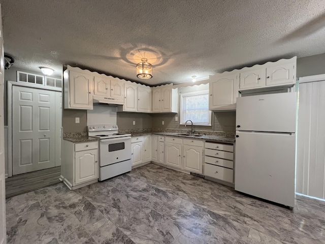 kitchen featuring a textured ceiling, white cabinetry, white appliances, and sink