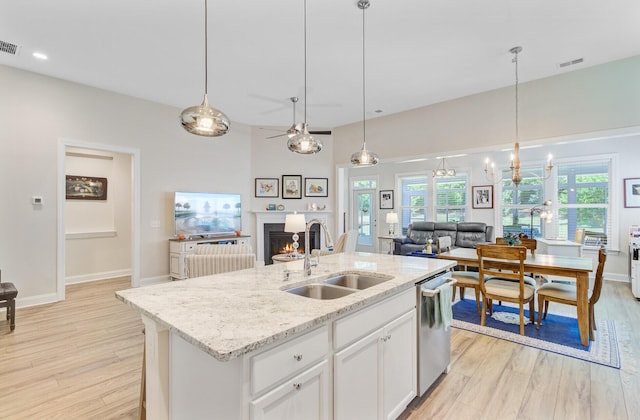 5078 Song Sparrow Way, Summerville, SC 29483 - kitchen featuring open floor plan, a sink, a lit fireplace, light wood-style floors, and dishwasher