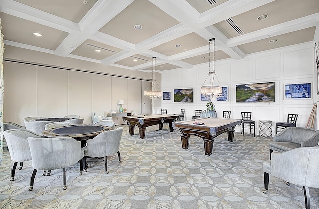 5078 Song Sparrow Way, Summerville, SC 29483 - rec room featuring a decorative wall, coffered ceiling, beamed ceiling, pool table, and light colored carpet