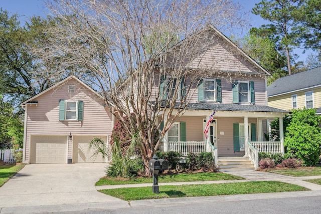 view of front of house featuring driveway, a shingled roof, covered porch, and an attached garage