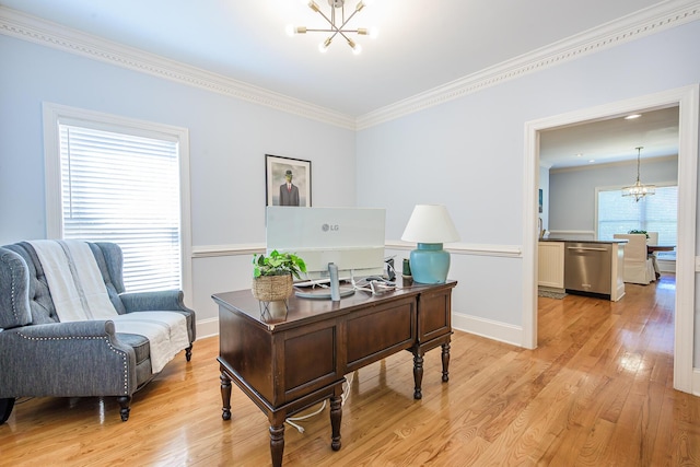 office area featuring baseboards, light wood-style floors, ornamental molding, and an inviting chandelier