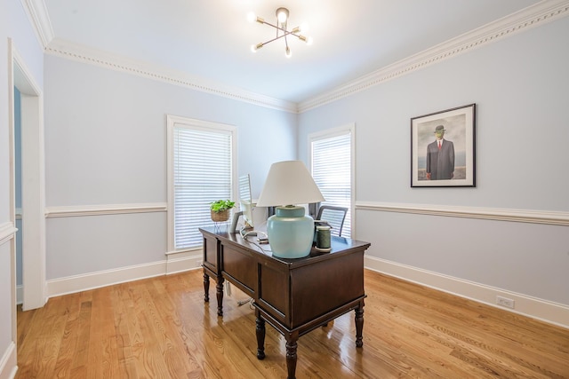 office area with an inviting chandelier, baseboards, and light wood-type flooring