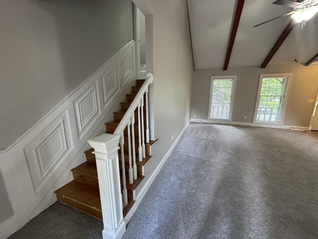 106 Pelican St, Ladson, SC 29456 - staircase featuring baseboards, lofted ceiling with beams, ceiling fan, and carpet floors