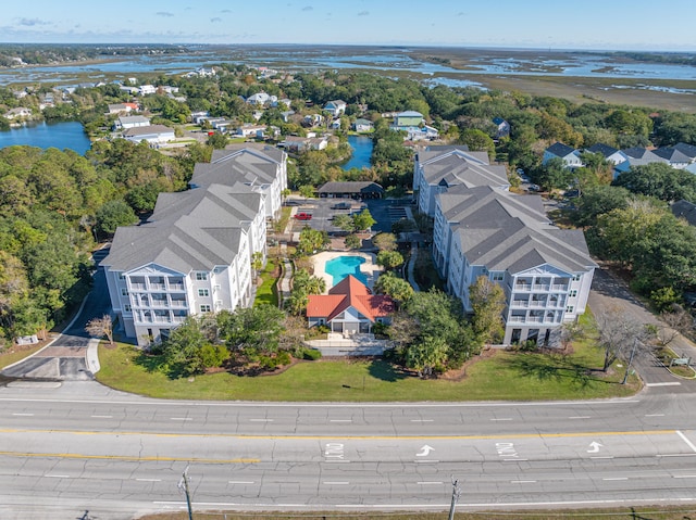 drone / aerial view featuring a water view