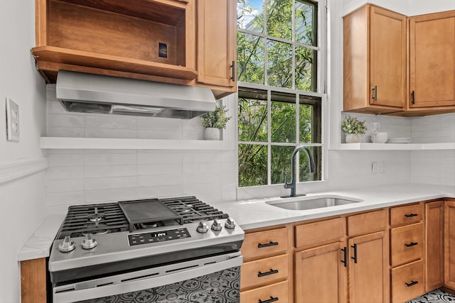 kitchen featuring backsplash, sink, range hood, and gas stove