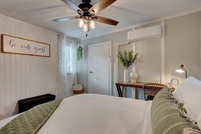 bedroom with a wall mounted AC, ornamental molding, ceiling fan, and wood walls