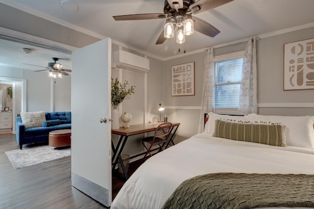 bedroom featuring ornamental molding, an AC wall unit, wood-type flooring, and ceiling fan