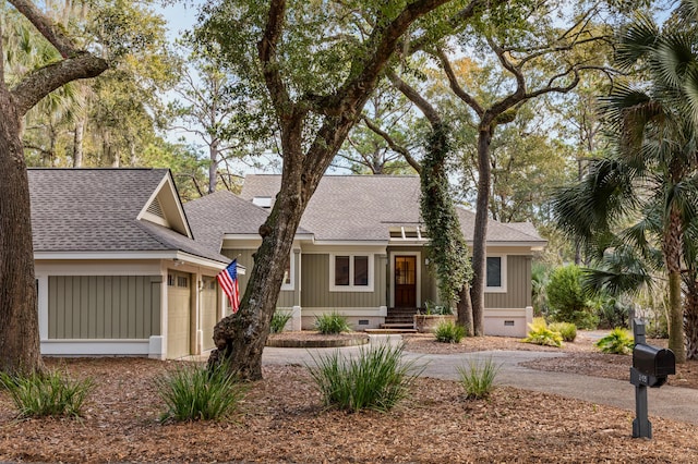 2105 Loblolly Ln, Seabrook Island, SC 29455 - view of front of house with crawl space, roof with shingles, a garage, and driveway